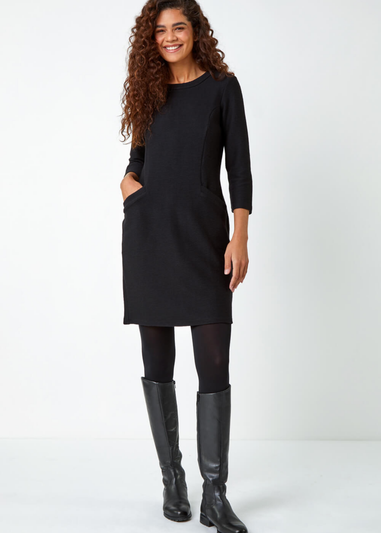 Roman Black Ribbed Pocket Detail Stretch Shift Dress