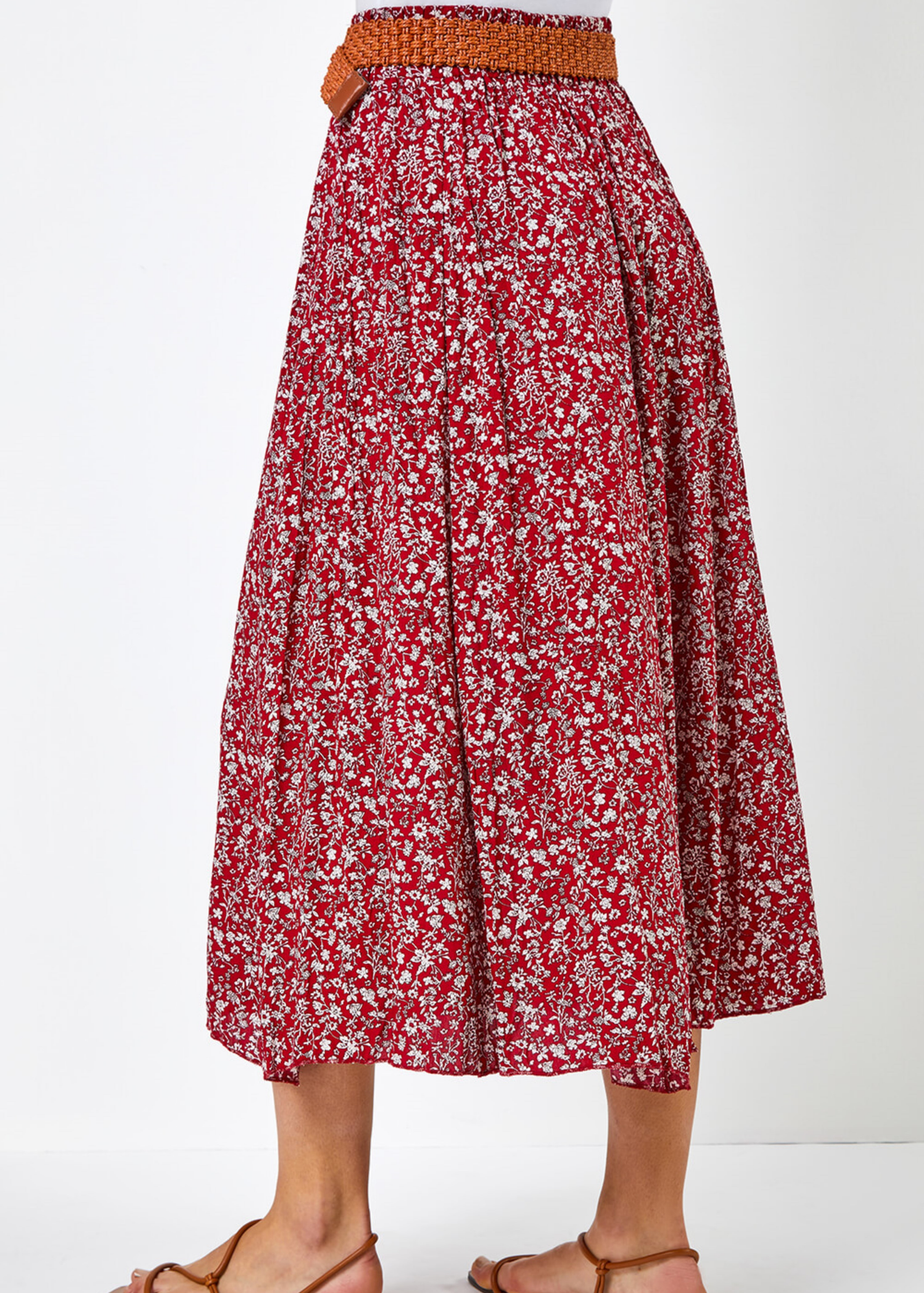 Roman Red Ditsy Floral Belted Elastic Waist Midi Skirt