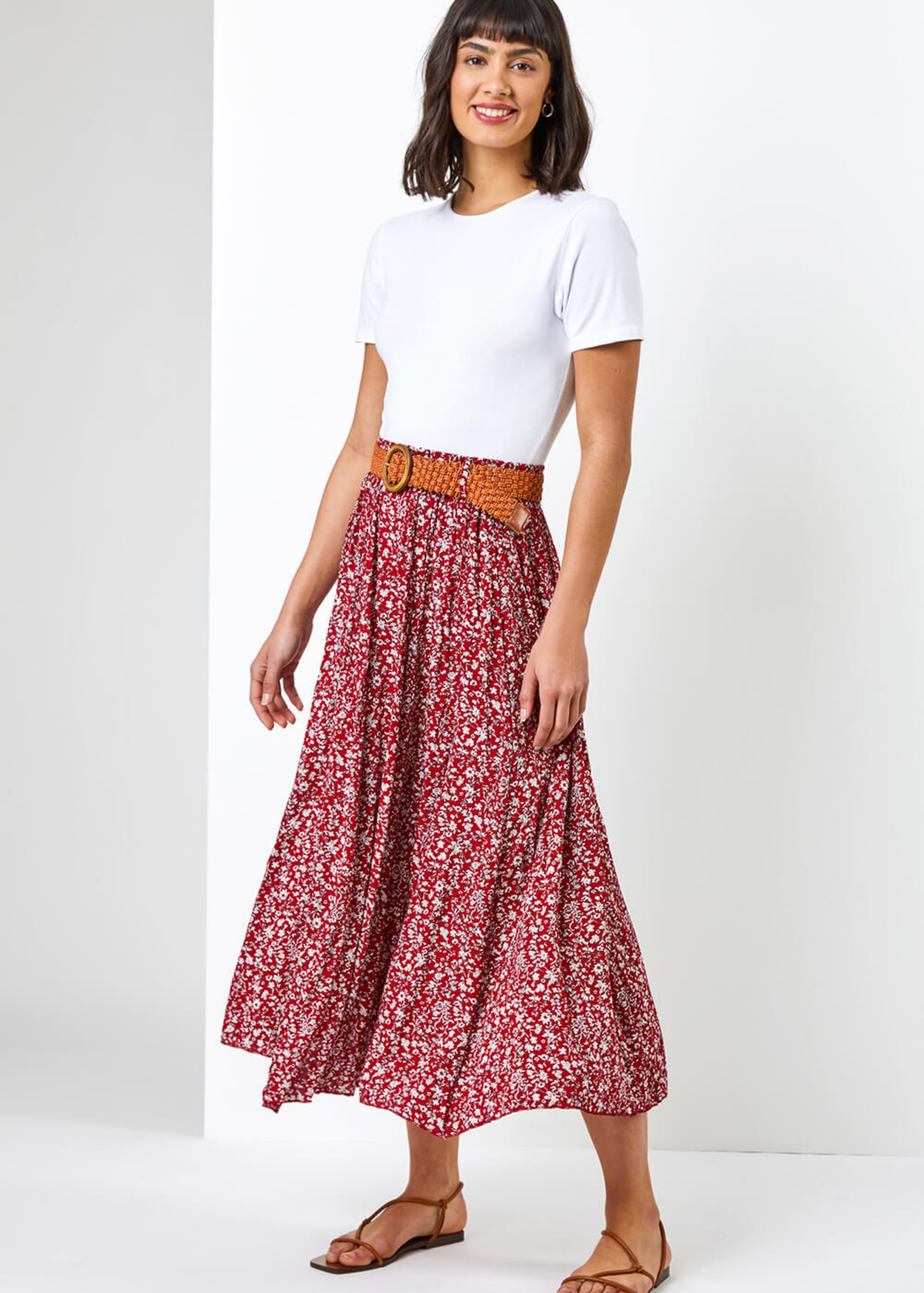 Roman Red Ditsy Floral Belted Elastic Waist Midi Skirt