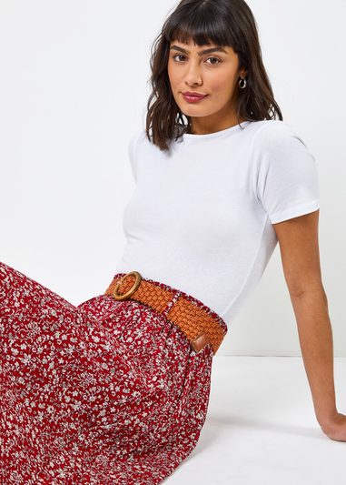 Roman Red Ditsy Floral Belted Elastic Waist Midi Skirt