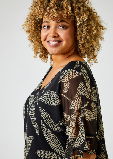 Roman Black Curve Abstract Leaf Print Chiffon Overlay Top