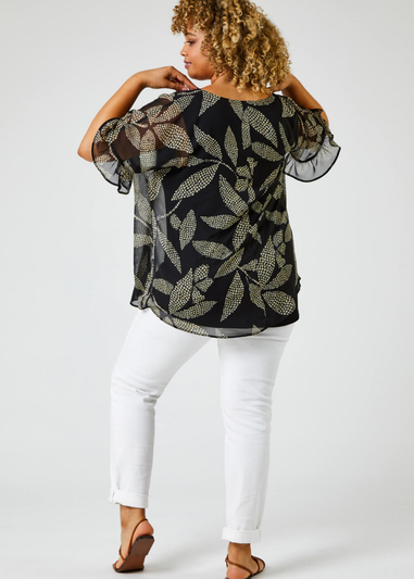 Roman Black Curve Abstract Leaf Print Chiffon Overlay Top