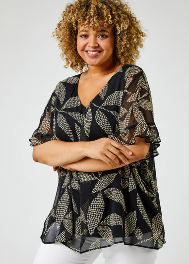 Roman Black Curve Abstract Leaf Print Chiffon Overlay Top