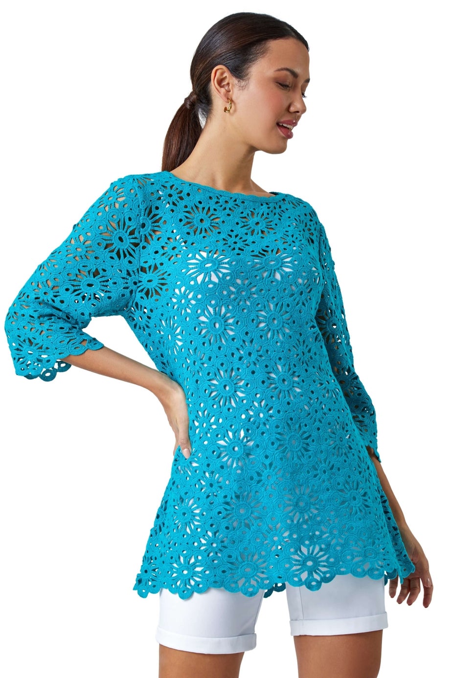 Roman Turquoise Floral Cotton Crochet Tunic Top