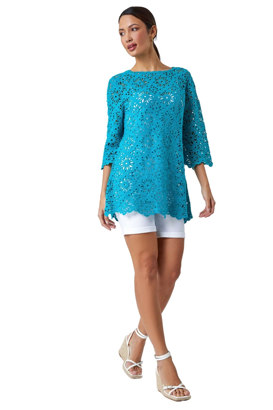 Roman Turquoise Floral Cotton Crochet Tunic Top
