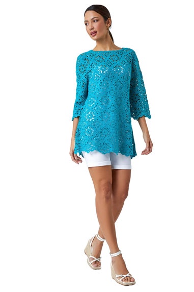 Roman Turquoise Floral Cotton Crochet Tunic Top