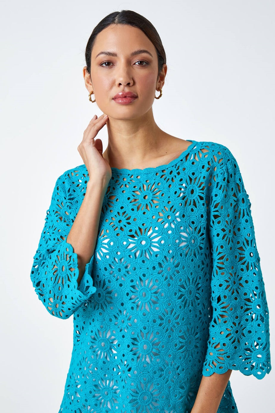 Roman Turquoise Floral Cotton Crochet Tunic Top