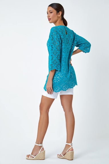 Roman Turquoise Floral Cotton Crochet Tunic Top