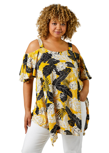 Roman Ochre Curve Tropical Leaf Print Cold Shoulder Top