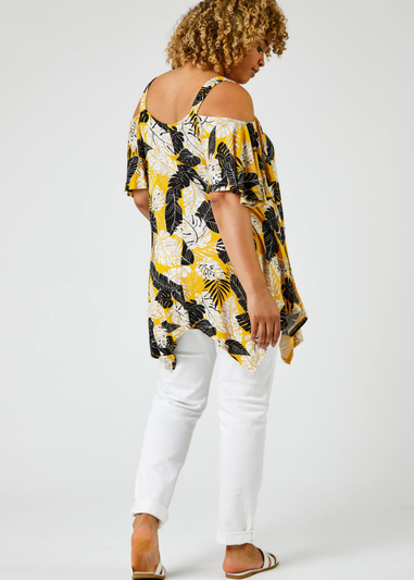 Roman Ochre Curve Tropical Leaf Print Cold Shoulder Top