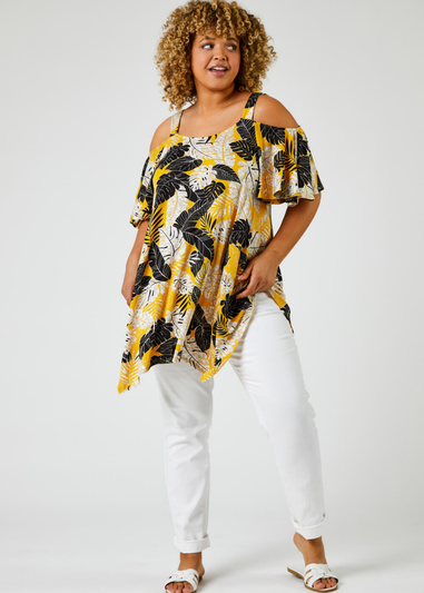 Roman Ochre Curve Tropical Leaf Print Cold Shoulder Top