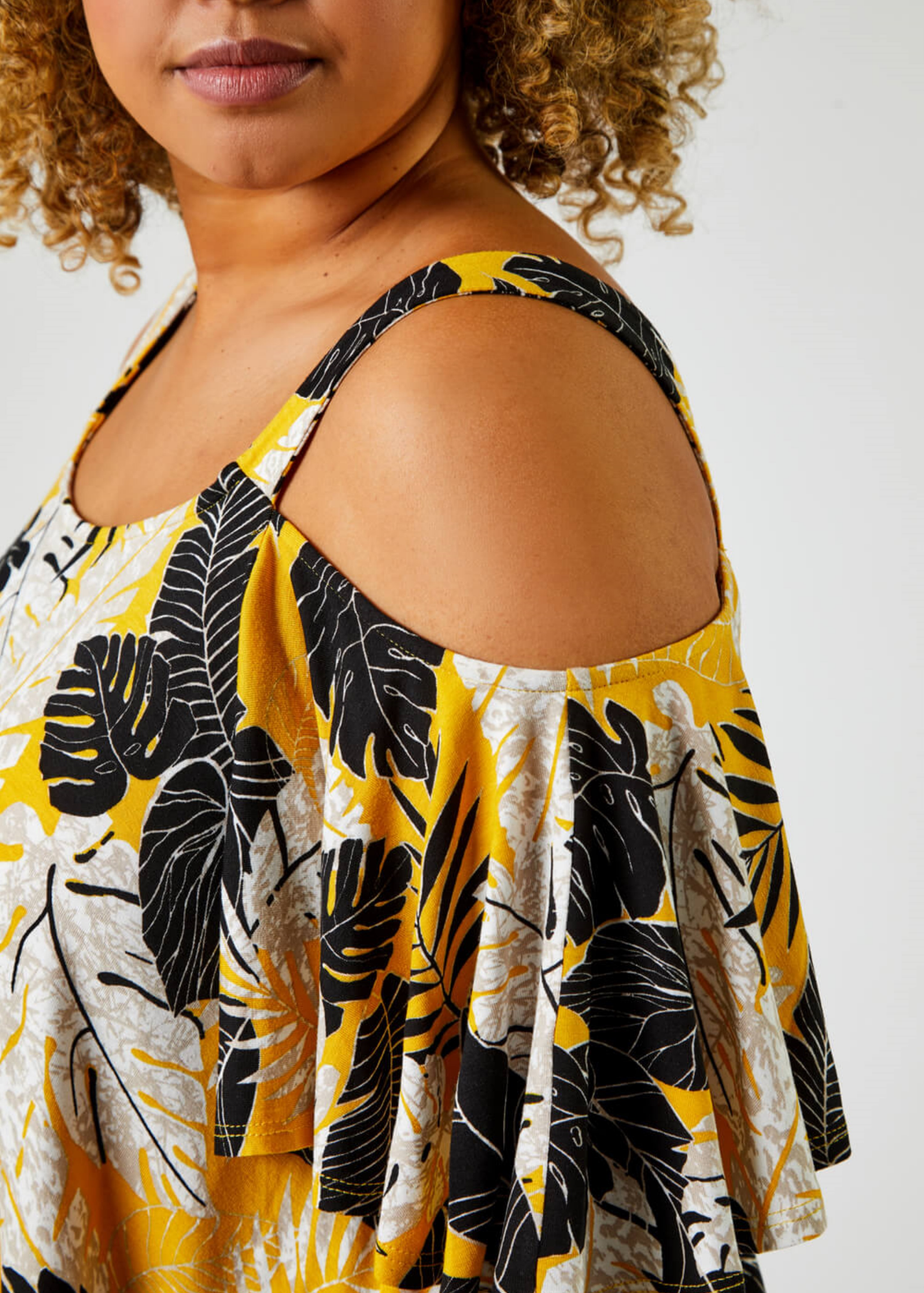 Roman Ochre Curve Tropical Leaf Print Cold Shoulder Top