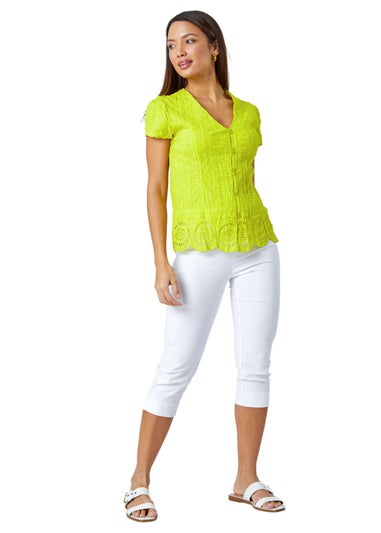 Roman Lime Cotton Embroidered V-Neck Crinkle Blouse