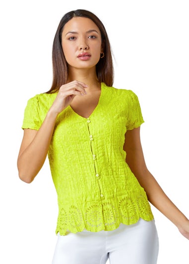 Roman Lime Cotton Embroidered V-Neck Crinkle Blouse