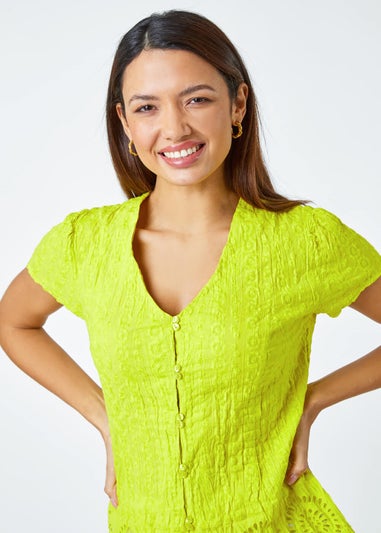 Roman Lime Cotton Embroidered V-Neck Crinkle Blouse