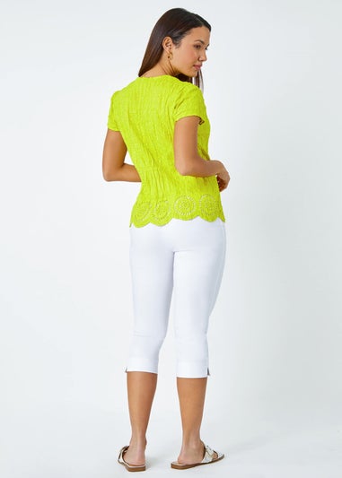 Roman Lime Cotton Embroidered V-Neck Crinkle Blouse