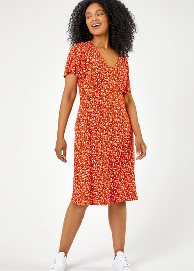 Roman Red Petite Floral Print Stretch Jersey Dress