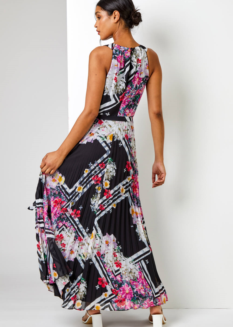 Roman Black Floral Border Print Pleated Maxi Dress