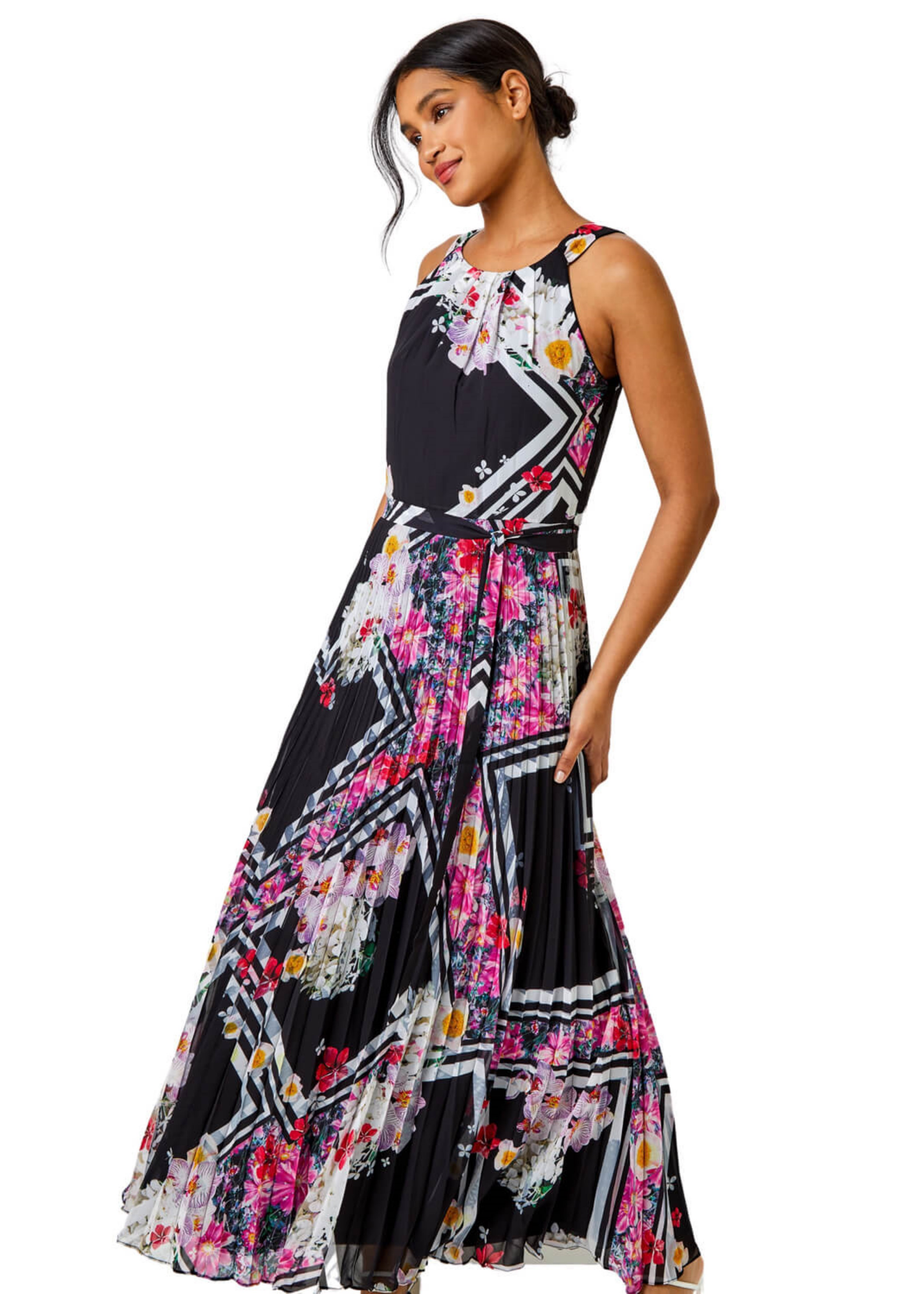 Roman Black Floral Border Print Pleated Maxi Dress