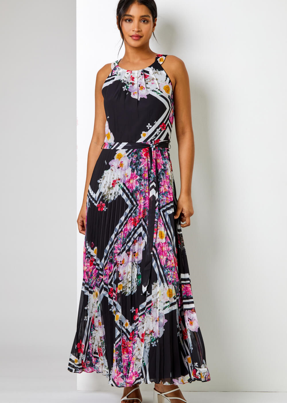 Roman Black Floral Border Print Pleated Maxi Dress