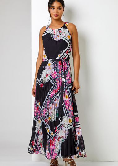 Roman Black Floral Border Print Pleated Maxi Dress
