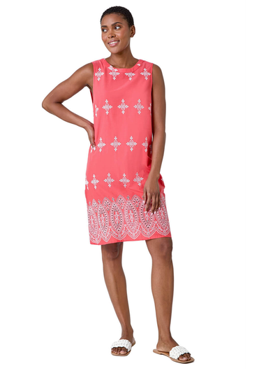 Roman Coral Broderie Contrast Hem Cotton Shift Dress