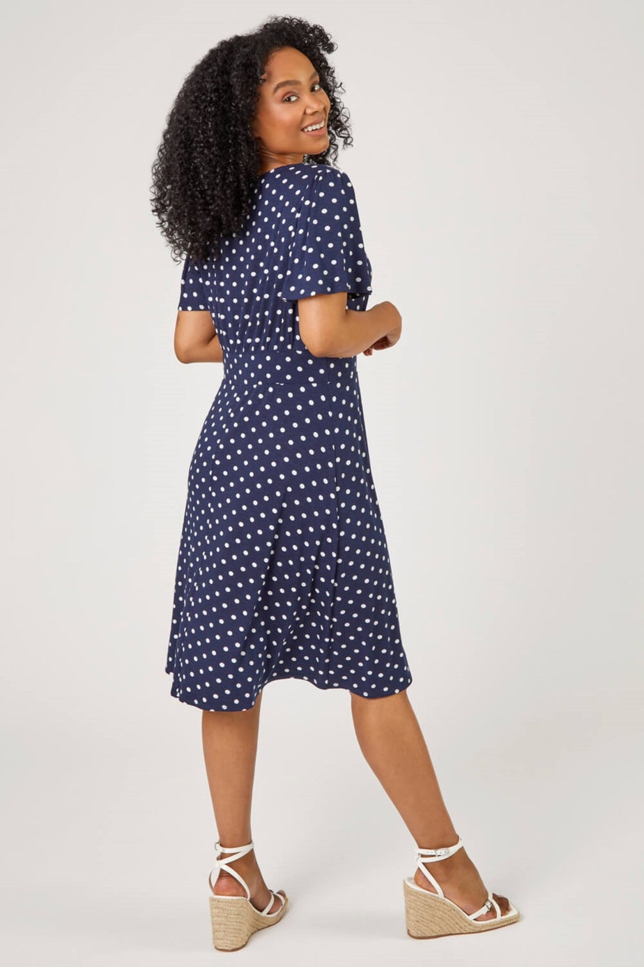 Roman Navy Petite Spot Print Stretch Jersey Dress