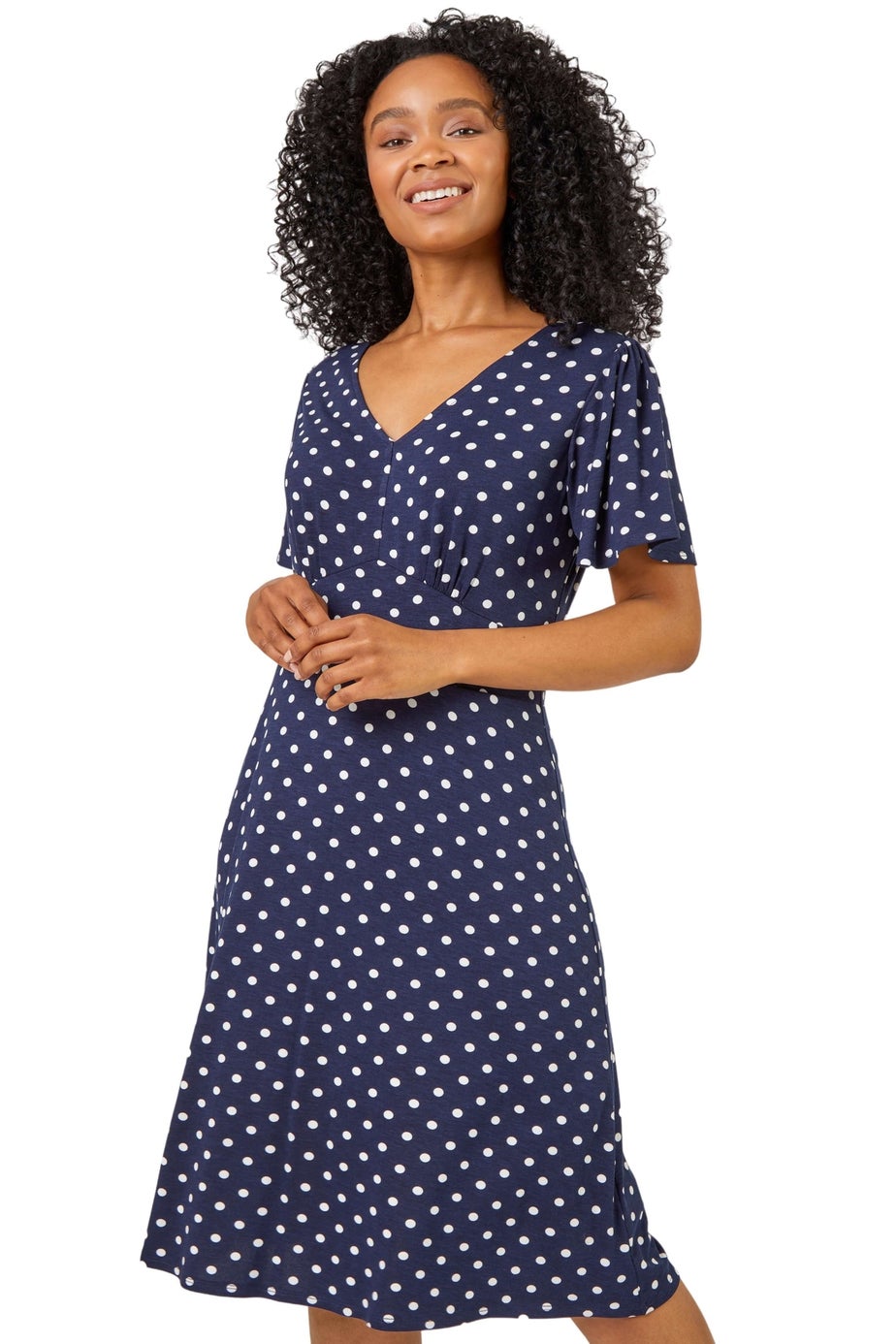 Roman Navy Petite Spot Print Stretch Jersey Dress