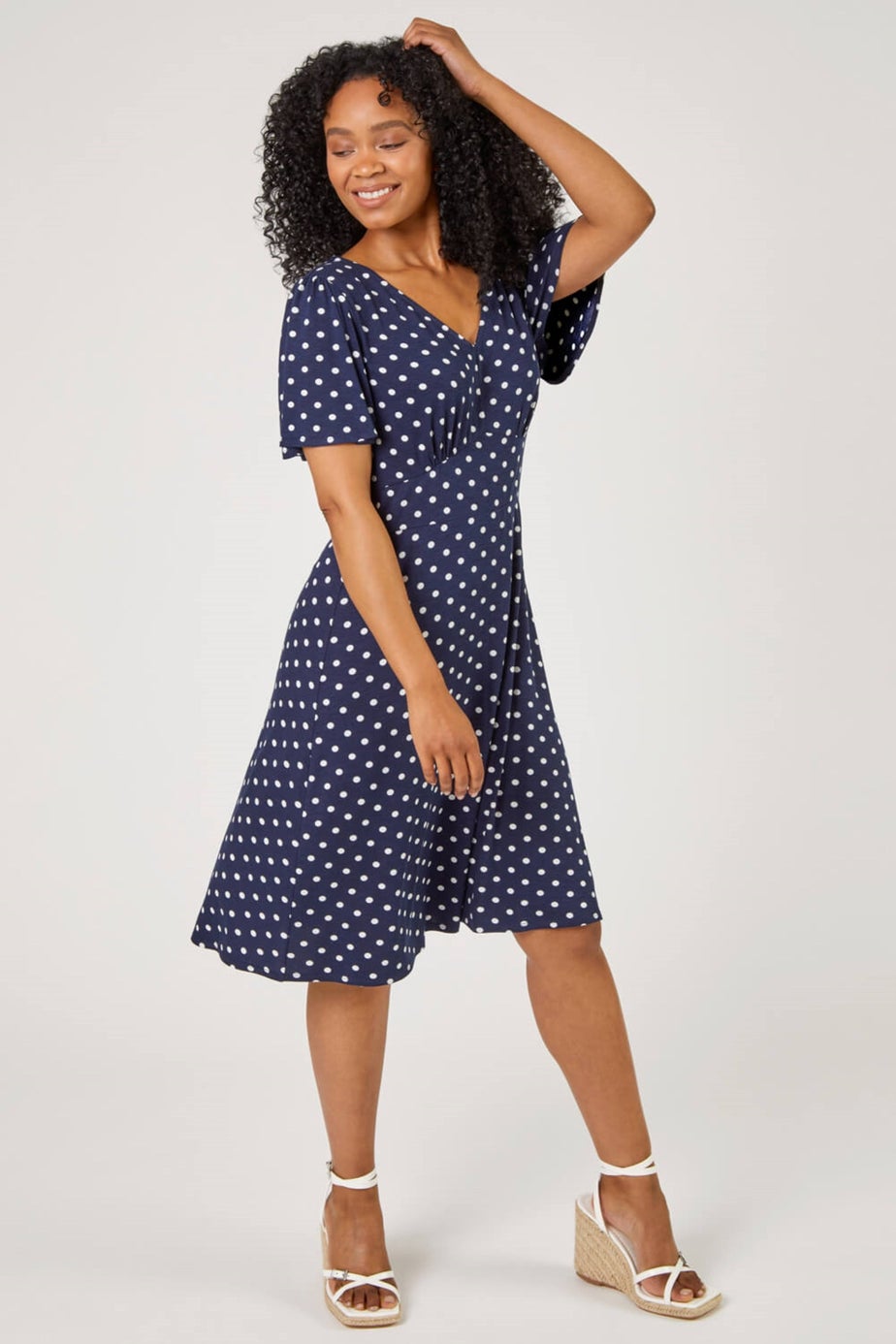 Roman Navy Petite Spot Print Stretch Jersey Dress