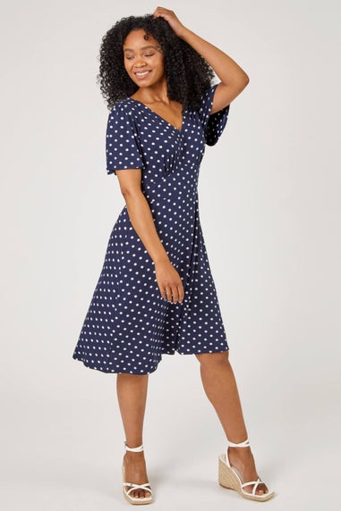 Roman Navy Petite Spot Print Stretch Jersey Dress