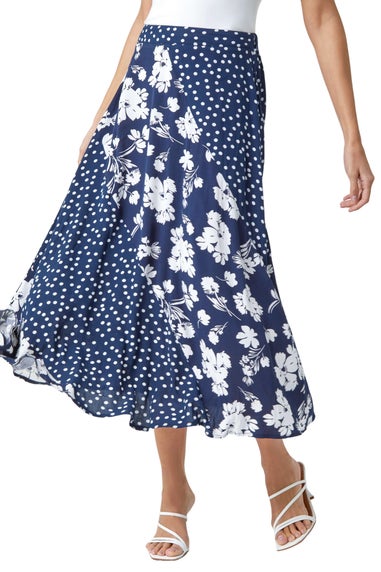 Roman Blue Mixed Floral Spot Print A Line Midi Skirt