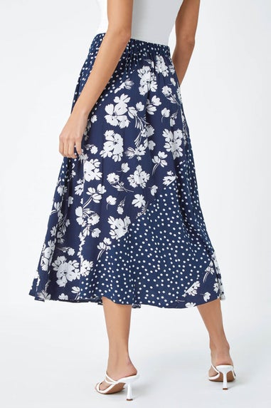 Roman Blue Mixed Floral Spot Print A Line Midi Skirt