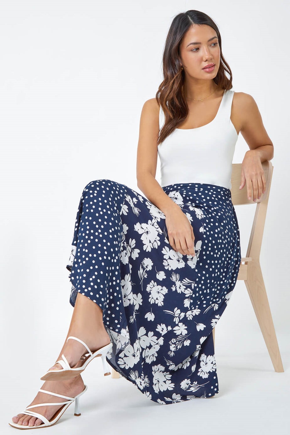 Roman Blue Mixed Floral Spot Print A Line Midi Skirt