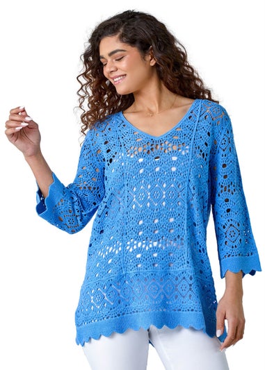 Roman Light Blue Cotton Crochet Tunic Top