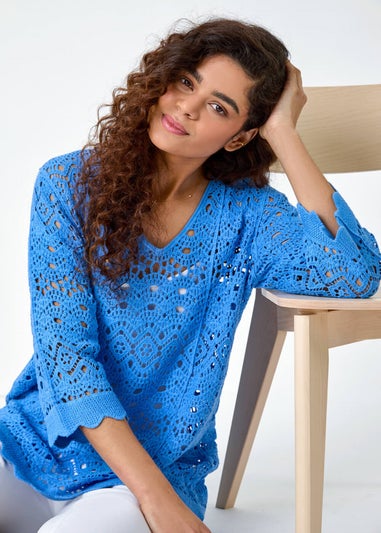 Roman Light Blue Cotton Crochet Tunic Top