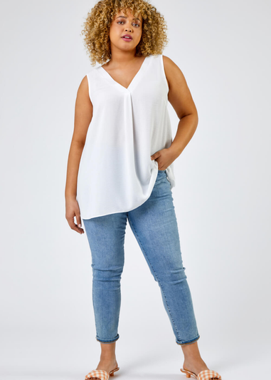 Roman White Curve V-Neck Pleat Tank Top