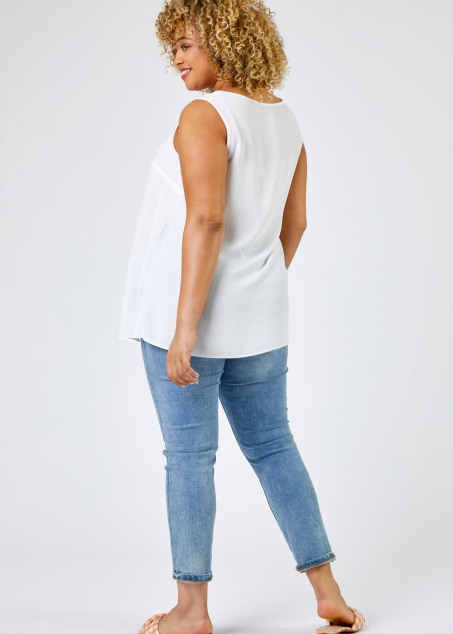Roman White Curve V-Neck Pleat Tank Top