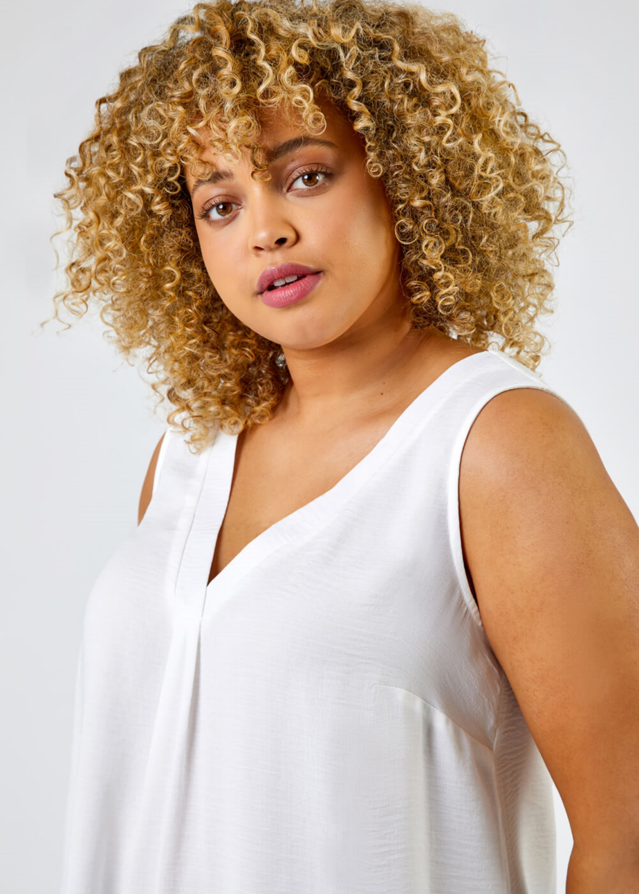 Roman White Curve V-Neck Pleat Tank Top