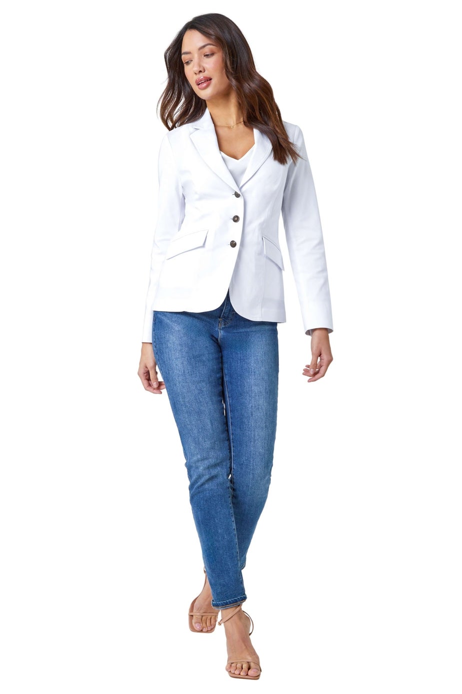 Roman White Stretch Button Detail Blazer