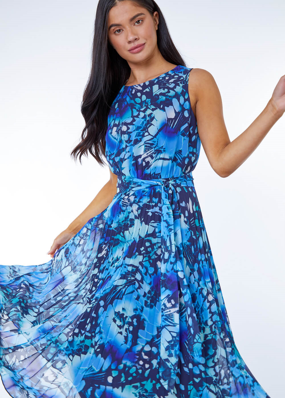 Roman Blue Petite Abstract Print Pleated Dress