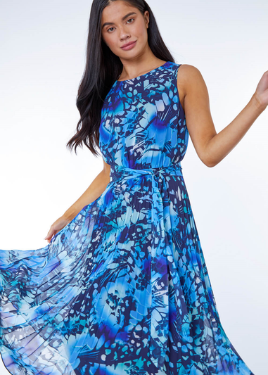 Roman Blue Petite Abstract Print Pleated Dress