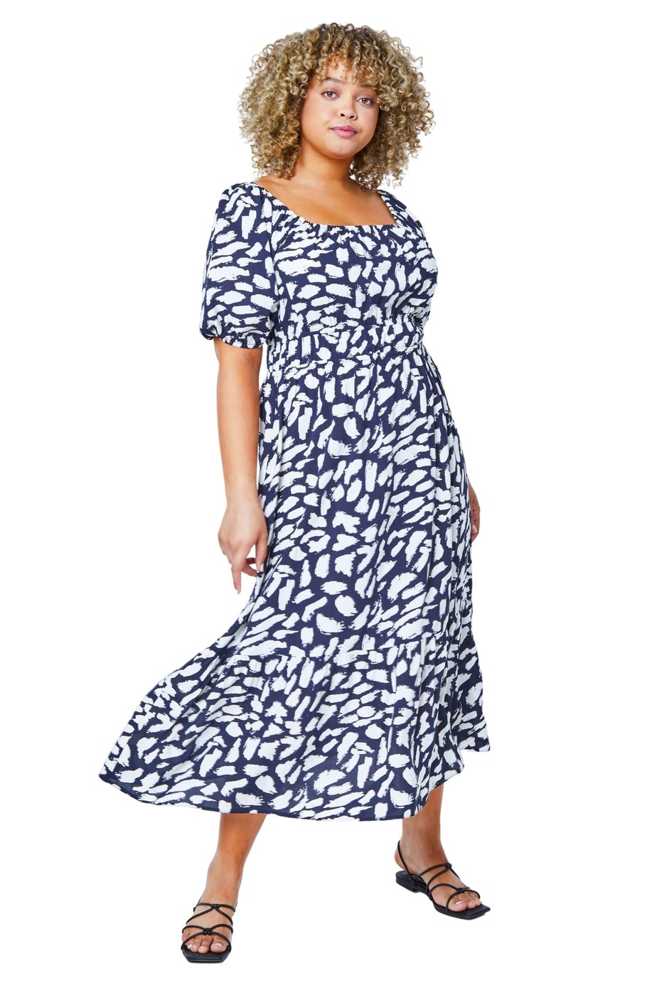 Roman Navy Curve Stretch Waist Square Neck Midi Dress