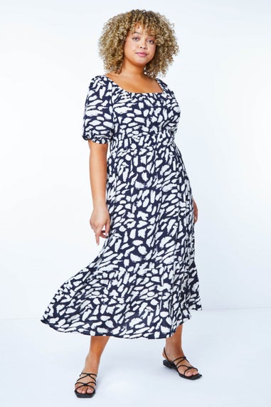 Roman Navy Curve Stretch Waist Square Neck Midi Dress