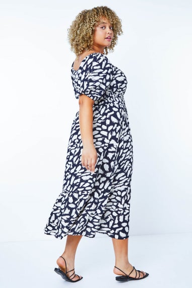 Roman Navy Curve Stretch Waist Square Neck Midi Dress