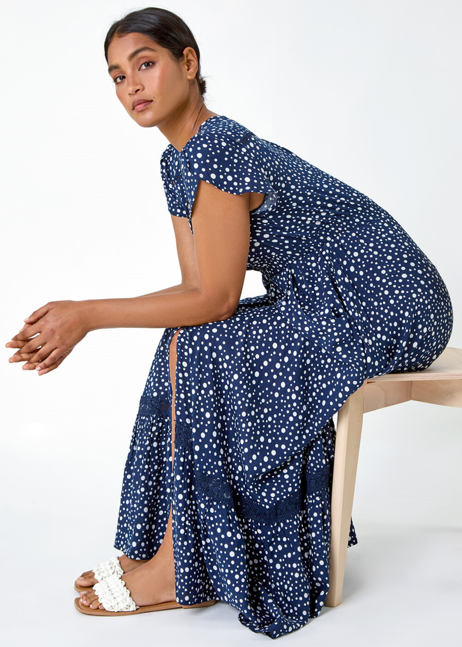 Roman Navy Polka Dot Lace Detail Maxi Dress