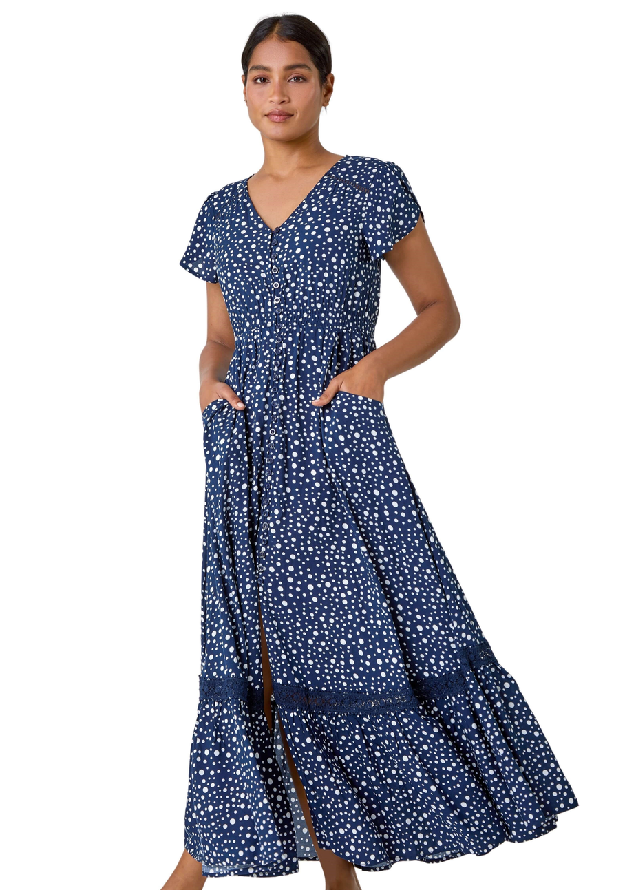 Roman Navy Polka Dot Lace Detail Maxi Dress