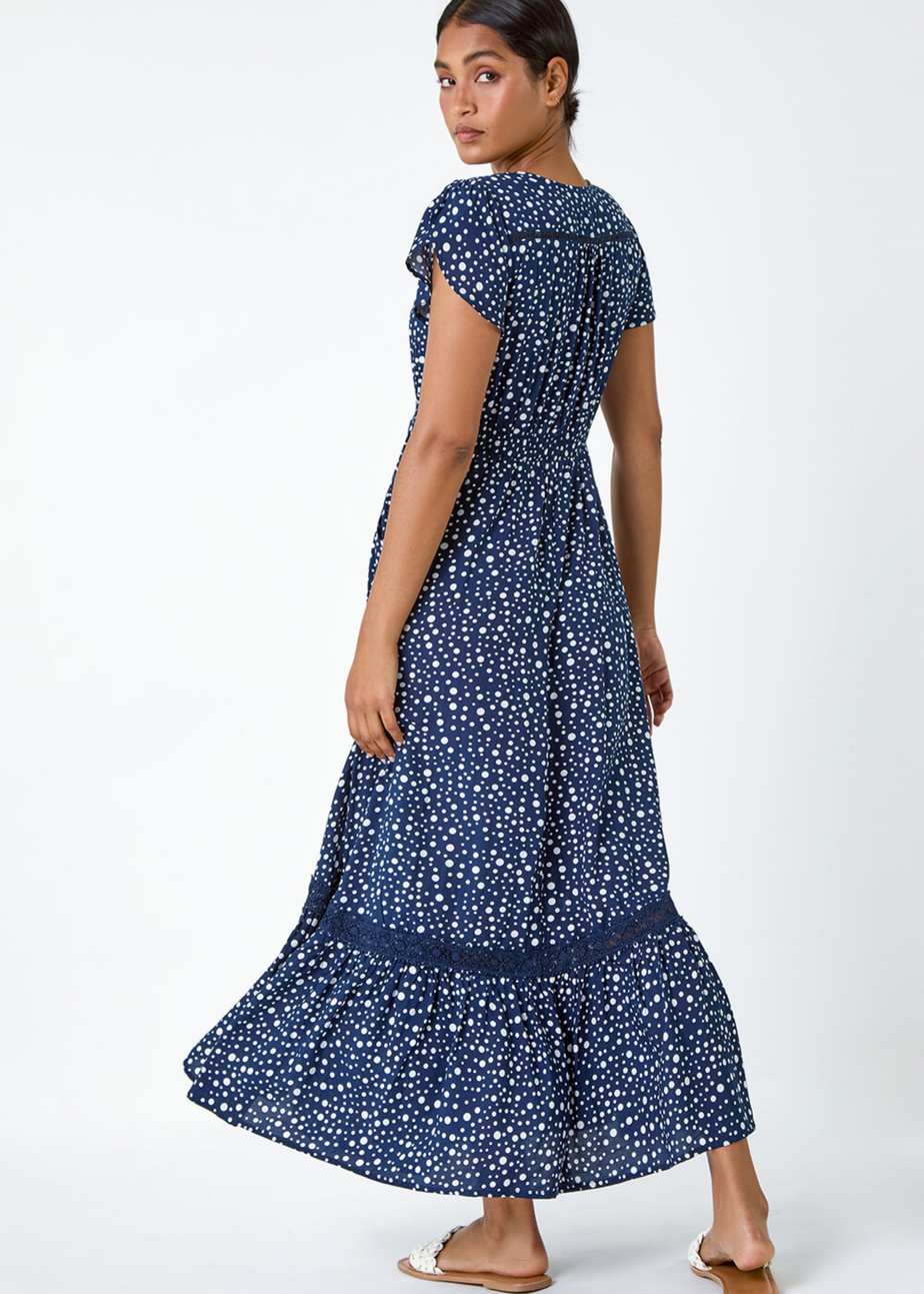 Roman Navy Polka Dot Lace Detail Maxi Dress