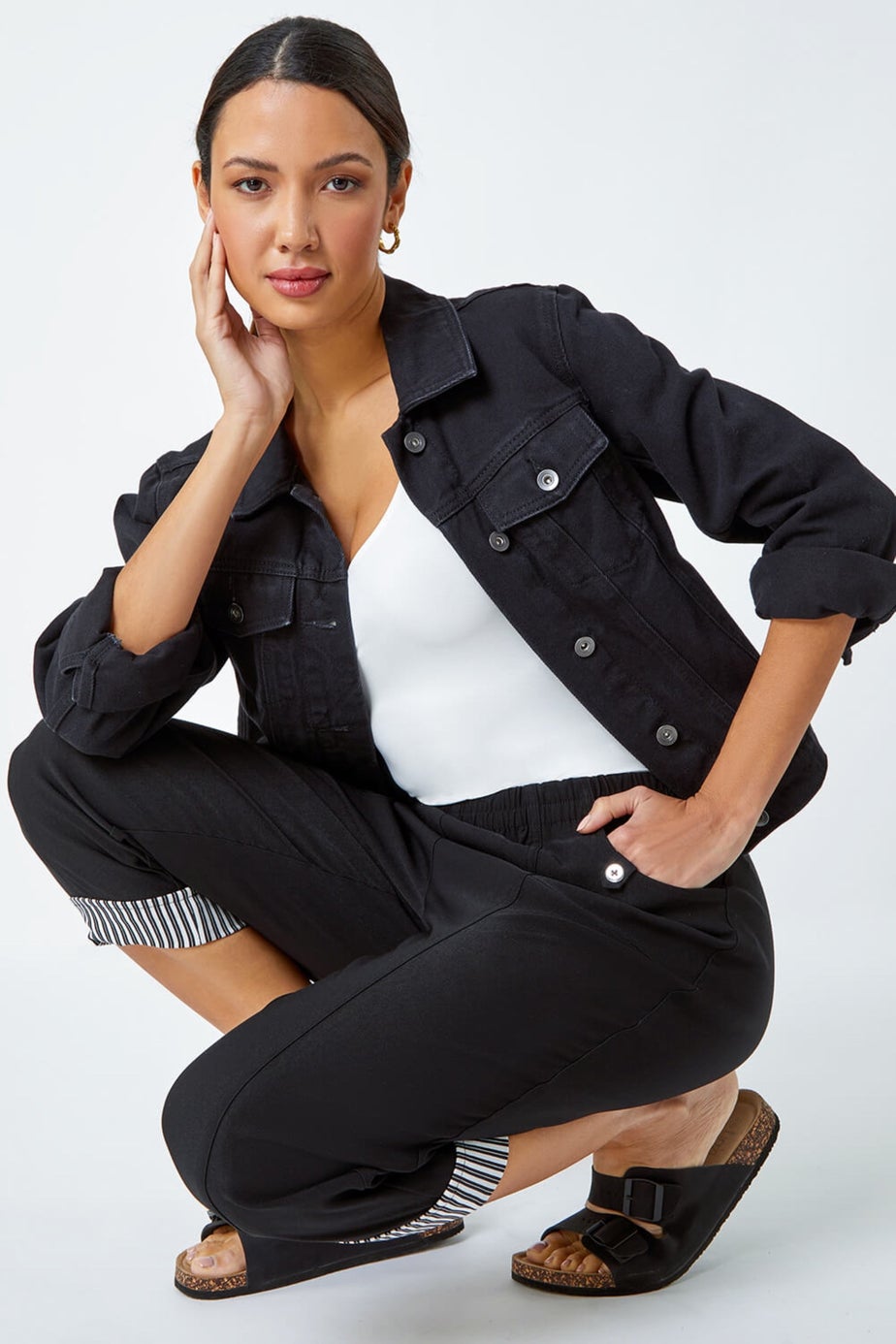 Roman Black Contrast Detail Cropped Stretch Trousers