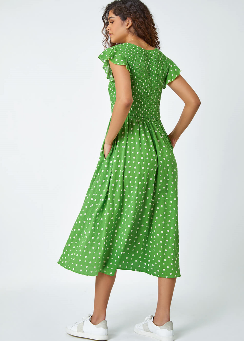 Roman Green Frill Sleeve Spot Shirred Midi Dress