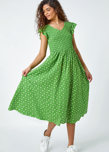 Roman Green Frill Sleeve Spot Shirred Midi Dress